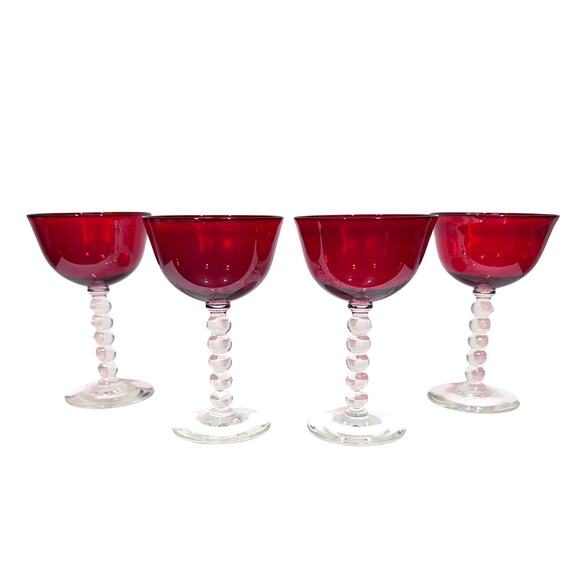 Stunning Art Deco Ruby Red Bubble Stem Champagne Tall Sherbet Glasses-Set of 4 - Picture 6 of 9